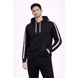 Erkek Şeritli Kapüşonlu Sweatshirt Oversize 3 iplik Pamuklu Hoodei - Siyah