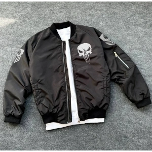 ERKEK Siyah Askeri Tarz Bomber Mont Punisher Skull Detaylı Fermuarlı Cepli - Siyah