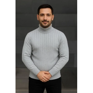 Erkek Tam Boğazlı Balıkçı Yaka Triko Kazak Kalın Fitilli -  Gri