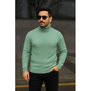 Erkek Tam Boğazlı Balıkçı Yaka Triko Kazak Kalın Fitilli - Mint Yeşili