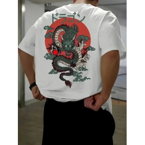 Erkek Tişört Penye Compack Ejder Baskılı Bisiklet Yaka T-shirt - Beyaz