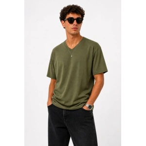 Erkek V Yaka Basic Tişört Kısa Kol Yazlık Regular Fit T-Shirt - Haki
