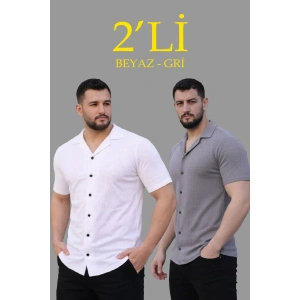 Erkek Waffle Dokuma Kumaş Açık Yakalı Düğmeli Gömlek 2’li Set Beyaz-Gri