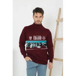 Erkek Yarım Bağazlı Kazak Baskılı Dokuma Triko - Bordo