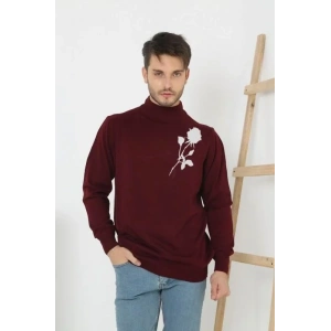 Erkek Yarım Bağazlı Kazak Baskılı Dokuma Triko - Bordo