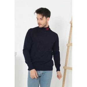 Erkek Yarım Bağazlı Kazak Öpücük Baskılı Dokuma Triko - Lacivert