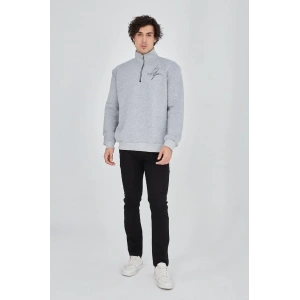 Erkek Yarım Fermuarlı Baskılı 3 iplik pamuklu sweatshirt - Gri