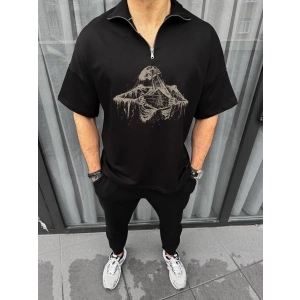 Erkek Yarım Fermuarlı Baskılı Oversize T-Shirt - Siyah