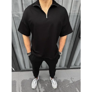 Erkek Yarım Fermuarlı Kısa kol T-Shirt - Siyah