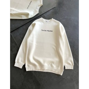 Kadın 3 İplik Pamuklu Bisiklet Yaka Baskılı SweatShirt - Beyaz