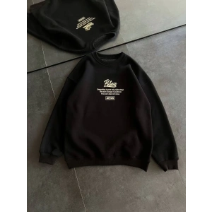 Kadın 3 iplik Pamuklu Bisiklet Yaka Baskılı SweatShirt - Siyah