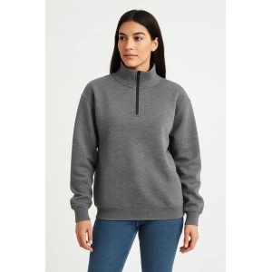Kadın 3 İplik Pamuklu Dık Yaka Yarım Fermuarlı SweatShirt - Antrasit