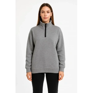 Kadın 3 İplik Pamuklu Dık Yaka Yarım Fermuarlı SweatShirt - Gri