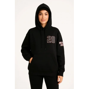 Kadın 3 İplik Pamuklu Kapüşonlu Kanguru Cepli Baskılı Hoodie Sweatshirt - Siyah