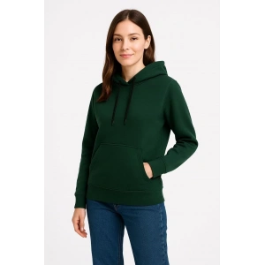 Kadın 3 İplik Pamuklu Kapüşonlu Kanguru Cepli Sweatshirt hoodie - Haki