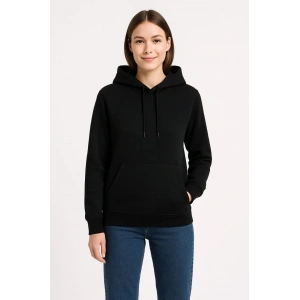 Kadın 3 İplik Pamuklu Kapüşonlu Kanguru Cepli Sweatshirt hoodie - Siyah