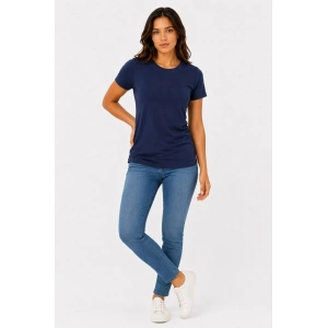 Kadın Basic Tişört Bisiklet Yaka Kısa Kol Günlük Yazlık Slim fit T-Shirt - Lacivert