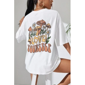 Kadın Baskılı Oversize kısa kol T-Shirt - Beyaz