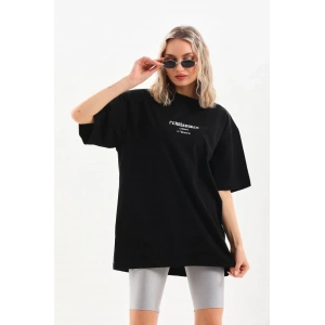 Kadın Baskılı Oversize Kısa kol  T-Shirt - Siyah