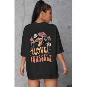 Kadın Baskılı Oversize kısa kol T-Shirt - Siyah