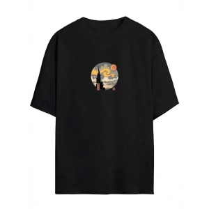 Kadın Baskılı T-Shirt Kısa Kol Bisiklet Yaka Oversize Rahat Kalıp Tişört - Siyah