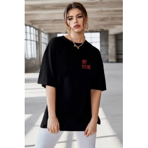 Kadın Baskılı T-Shirt Kısa Kol Bisiklet Yaka Oversize Rahat Kalıp Tişört - Siyah