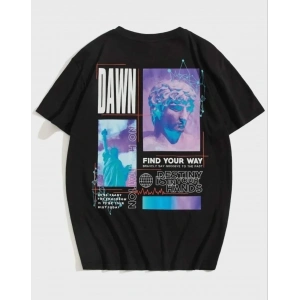 Kadın Baskılı T-Shirt Kısa Kol Bisiklet Yaka Oversize Rahat Kalıp Tişört - Siyah