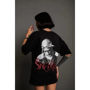Kadın Baskılı T-Shirt Oversize Kısa kol Bisiklet yaka tişort- Siyah