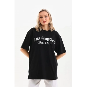 Kadın Baskılı Tişört Kısa Kol Bisiklet Yaka Oversize T-Shirt - Siyah