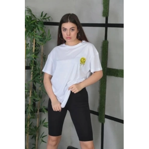 Kadın Bisiklet Yaka Baskılı Kısa kol Oversize T-Shirt - Beyaz