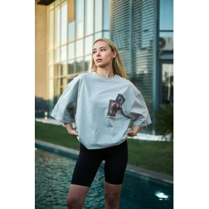 kadın Bisiklet Yaka Baskılı Kısa kol Oversize T-Shirt - Boyalı Gri