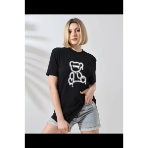Kadın Bisiklet Yaka Baskılı  Kısa kol T-Shirt - Siyah