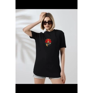 Kadın Bisiklet Yaka Baskılı  kısa kol T-Shirt - Siyah