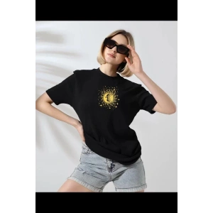 Kadın Bisiklet Yaka Baskılı  Kısa kol T-Shirt - Siyah