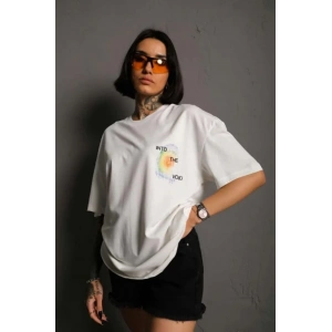 kadın Bisiklet Yaka Baskılı Oversize Kısa kol T-Shirt - Beyaz
