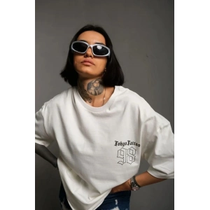 kadın Bisiklet Yaka Baskılı Oversize Kısa kol  T-Shirt - Beyaz