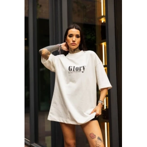 kadın Bisiklet Yaka Baskılı Oversize  Kısa kol T-Shirt - Beyaz