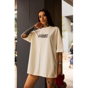 Kadın Bisiklet Yaka Baskılı Oversize  Kısa kol T-Shirt - Beyaz