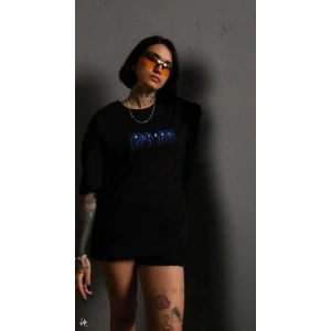 kadın Bisiklet Yaka Baskılı Oversize  Kısa kol T-Shirt - Siyah