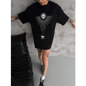 kadın Bisiklet Yaka Baskılı Oversize  Kısa kol T-Shirt - Siyah