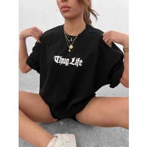 Kadın Bisiklet Yaka Baskılı Oversize  Kısa kol T-Shirt - Siyah