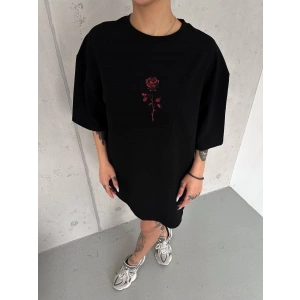kadın Bisiklet Yaka Baskılı Oversize  Kısa kol T-Shirt - Siyah