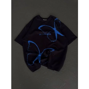 kadın Bisiklet Yaka Baskılı Oversize T-Shirt - Siyah