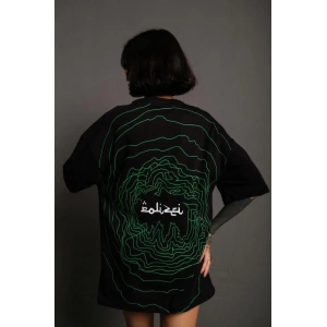 Kadın Bisiklet Yakalı Sırt Baskılı Oversize Kısa kol T-Shirt - Siyah
