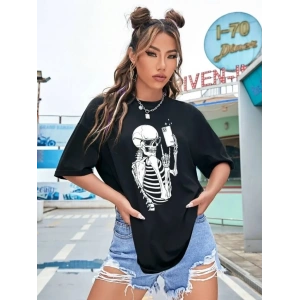 Kadın iskelet Baskılı T-Shirt Kısa Kol Bisiklet Yaka Oversize Tişört - Siyah