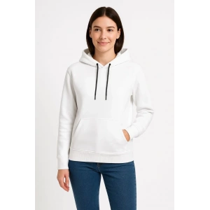 Kadın Kapüşonlu Kanguru Cepli 3 İplik Pamuklu Oversize Hoodie Sweatshirt - Beyaz