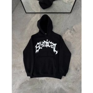 Kadın Kapüşonlu Kanguru Cepli Sweatshirt 3 İplik Pamuklu Baskılı Hoodie -  Siyah