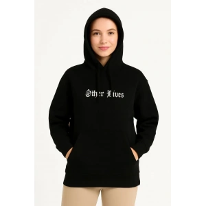 Kadın Kapüşonlu Kanguru Cepli Sweatshirt 3 İplik Pamuklu Baskılı Hoodie - Siyah