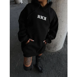 Kadın Kapüşonlu Kanguru Cepli Sweatshirt 3 İplik Pamuklu Baskılı Hoodie - Siyah