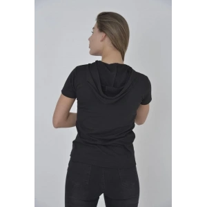 Kadın Kapüşonlu T-Shirt Kısa Kol Bisiklet Yaka Slimfit Tişört   - Siyah